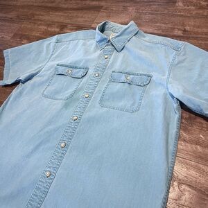 LL Bean Sunwashed Canvas Shirt Mens Large Regular Blue Green Short Sleeve